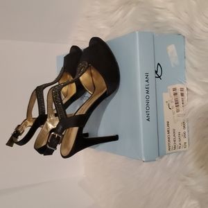 Antonio Melani black satin pumps.